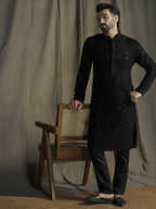 Zavaya Men Black Embroidery Cotton Blend Kurta Pyjama Set | Grocsy
