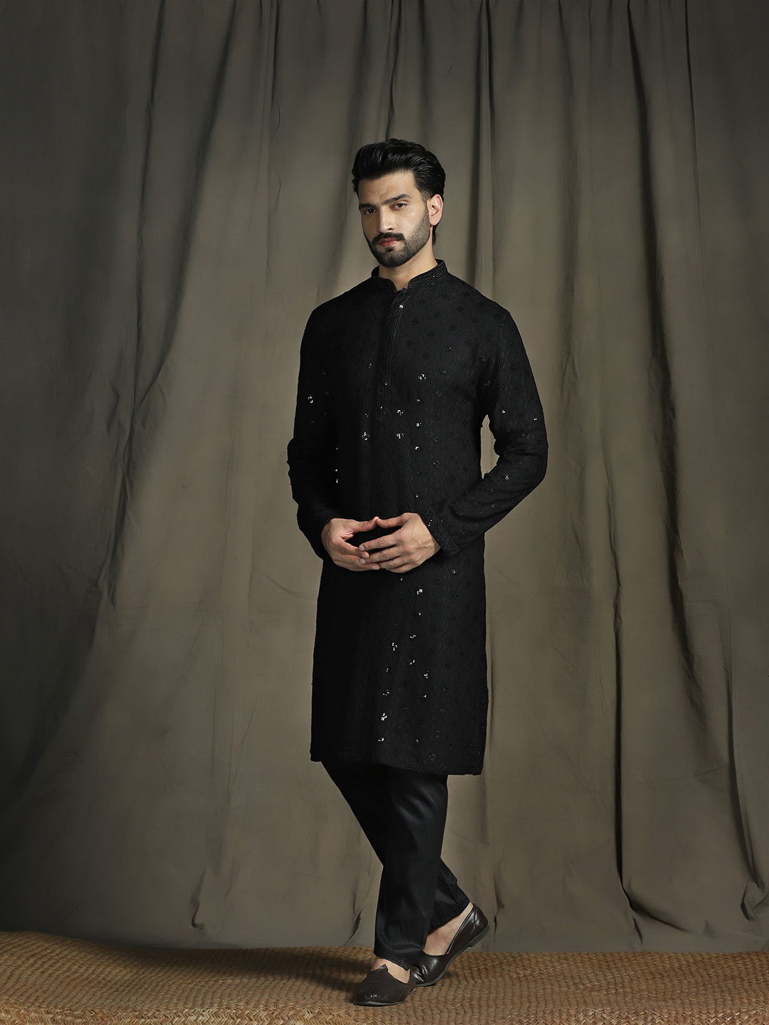 Zavaya Men Black Embroidery Cotton Blend Kurta Pyjama Set | Grocsy