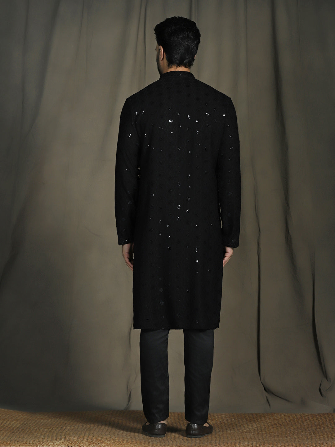Zavaya Men Black Embroidery Cotton Blend Kurta Pyjama Set | Grocsy