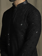 Zavaya Men Black Embroidery Cotton Blend Kurta Pyjama Set | Grocsy