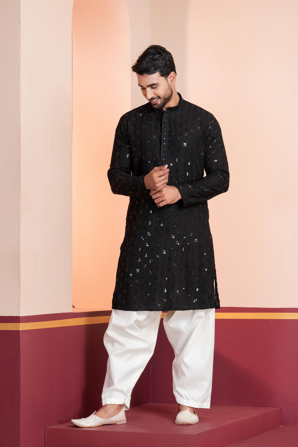 Zavaya Men Black Embroidery Cotton Blend Kurta Patiala Set | Grocsy