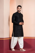 Zavaya Men Black Embroidery Cotton Blend Kurta Patiala Set | Grocsy