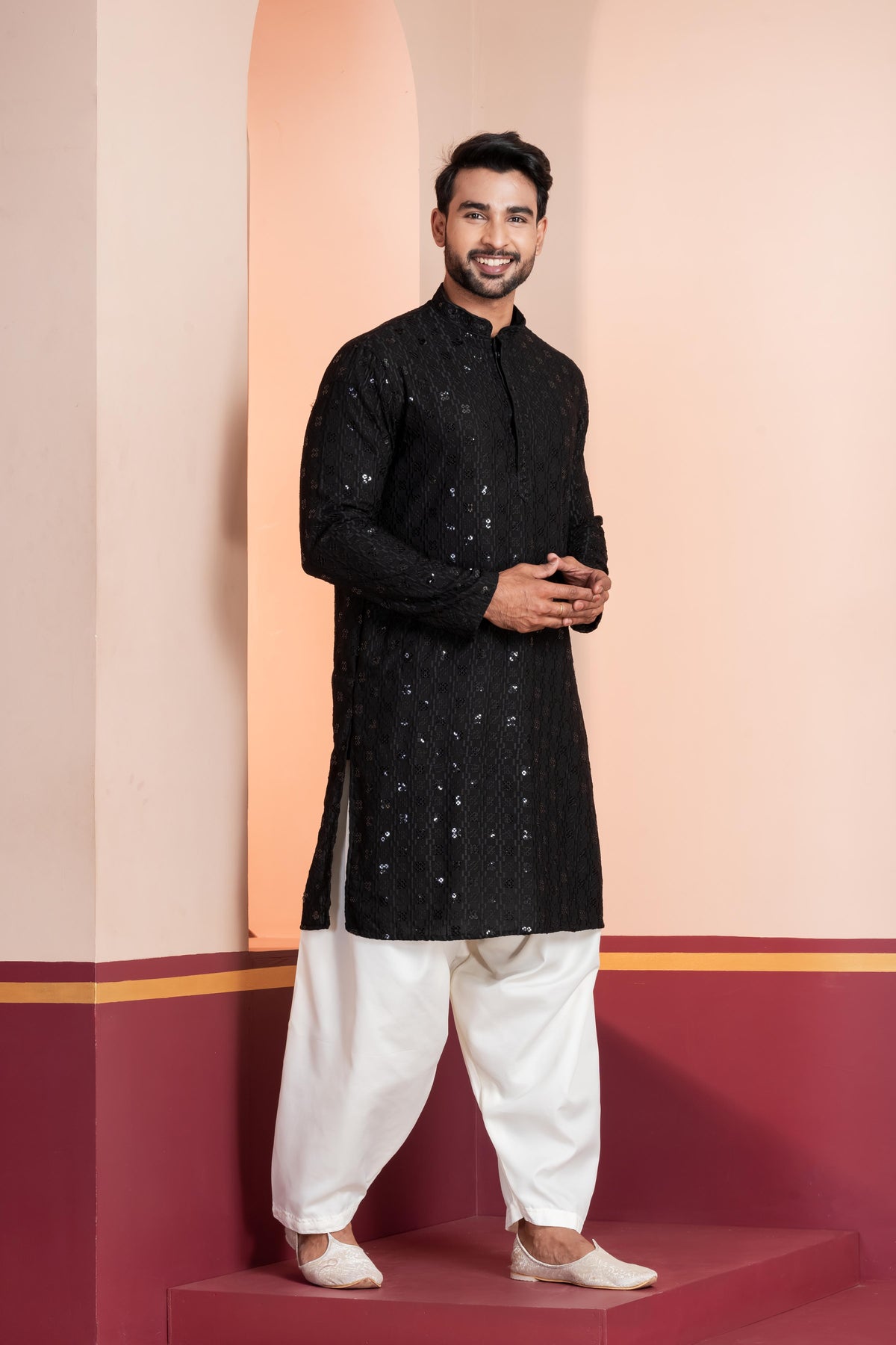 Zavaya Men Black Embroidery Cotton Blend Kurta Patiala Set | Grocsy