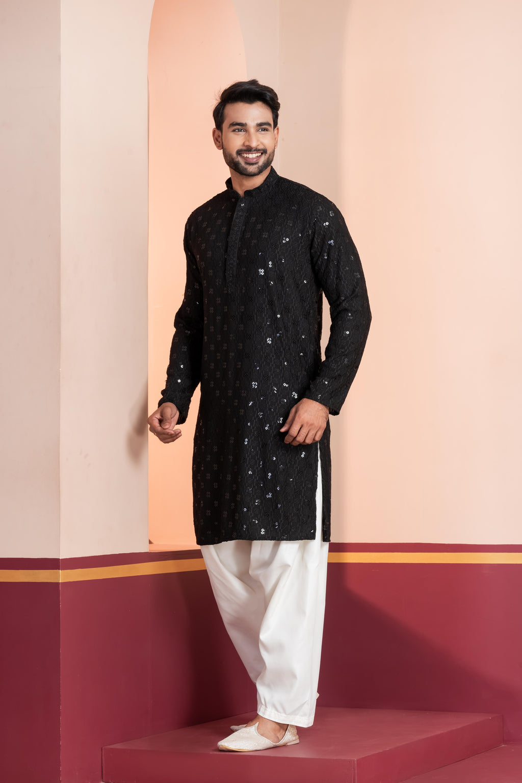 Zavaya Men Black Embroidery Cotton Blend Kurta Patiala Set | Grocsy