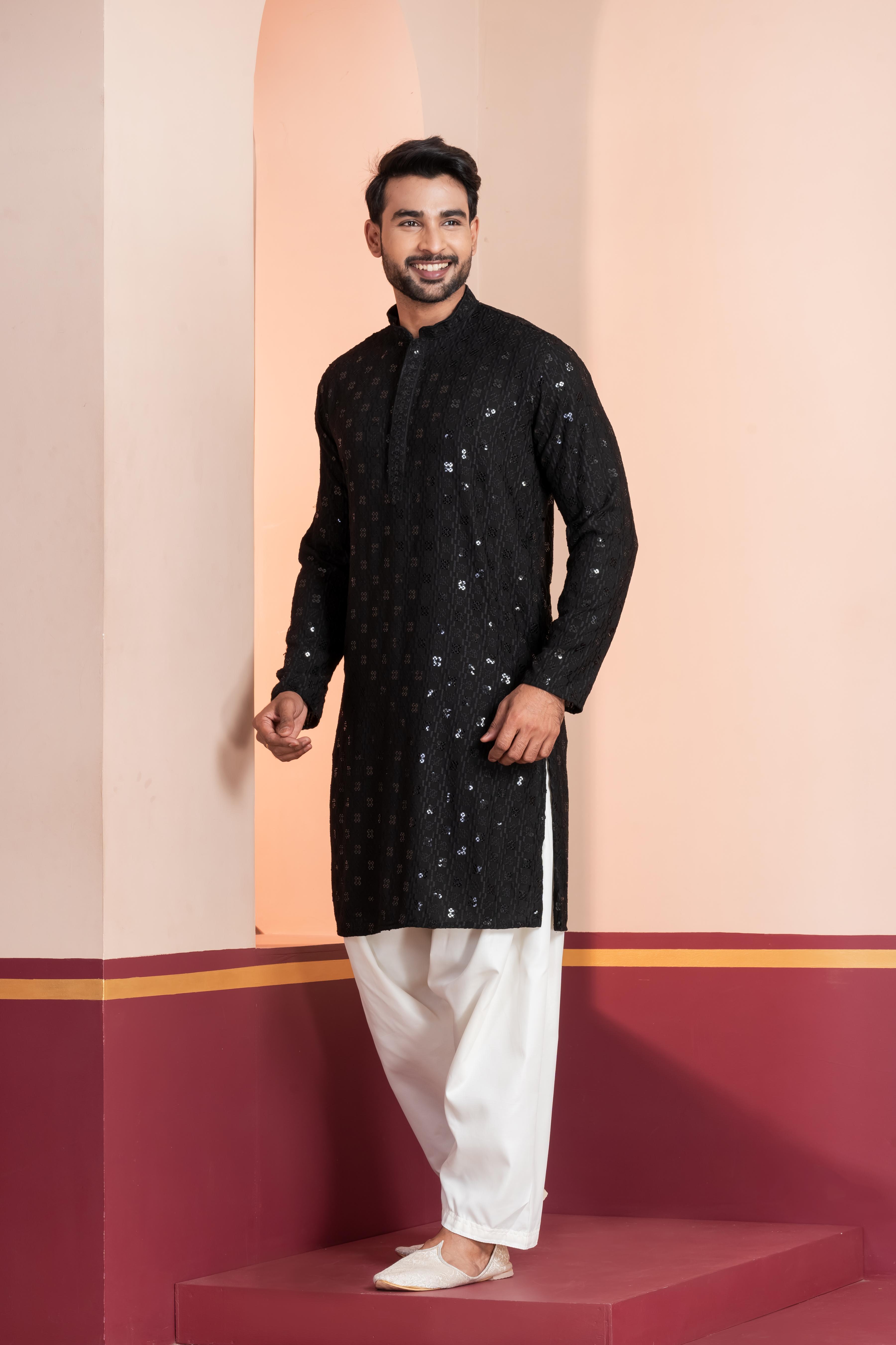 Zavaya Men Black Embroidery Cotton Blend Kurta Patiala Set | Grocsy