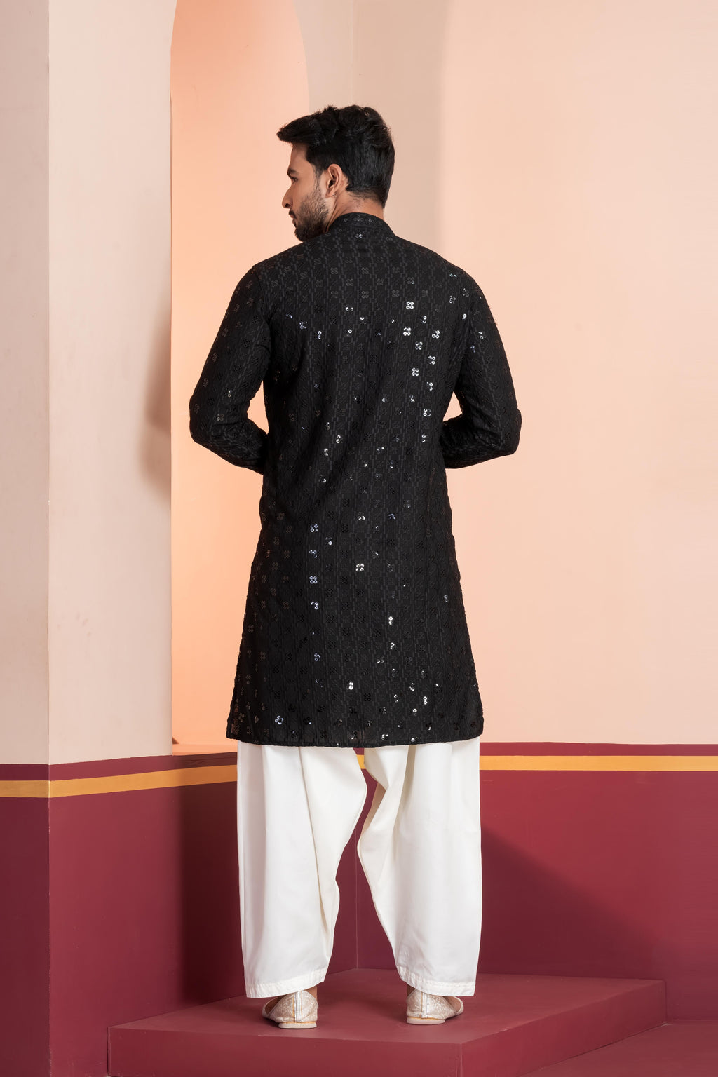 Zavaya Men Black Embroidery Cotton Blend Kurta Patiala Set | Grocsy