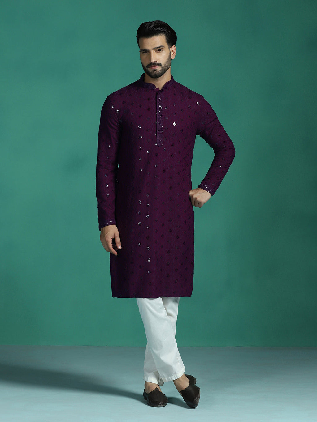 Zavaya Men Purple Embroidery Cotton Blend Kurta Pyjama Set | Grocsy