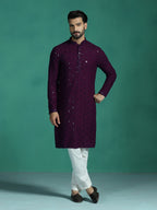 Zavaya Men Purple Embroidery Cotton Blend Kurta | Grocsy