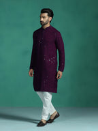 Zavaya Men Purple Embroidery Cotton Blend Kurta Pyjama Set | Grocsy