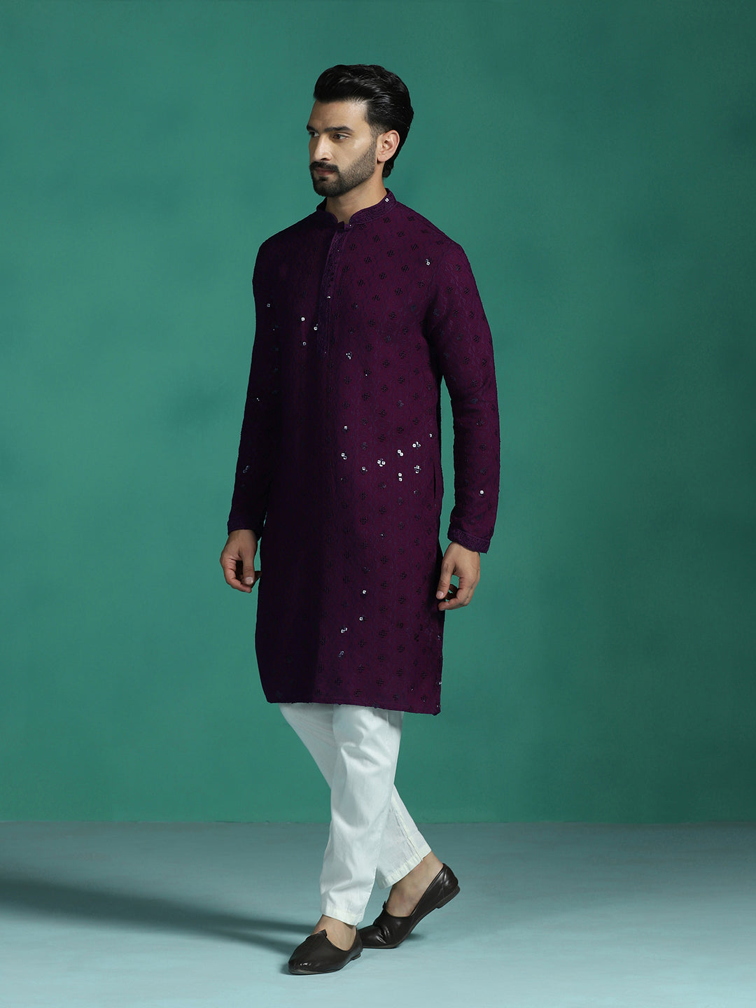 Zavaya Men Purple Embroidery Cotton Blend Kurta Pyjama Set | Grocsy