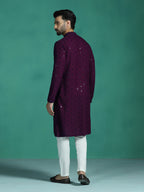 Zavaya Men Purple Embroidery Cotton Blend Kurta Pyjama Set | Grocsy