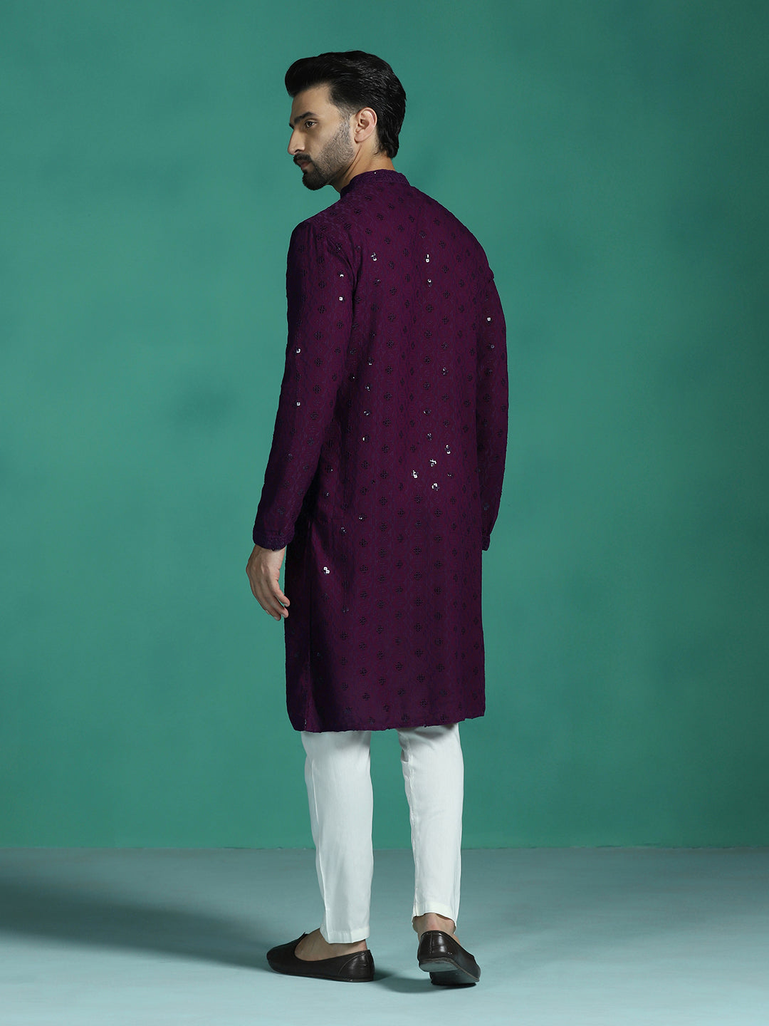 Zavaya Men Purple Embroidery Cotton Blend Kurta Pyjama Set | Grocsy