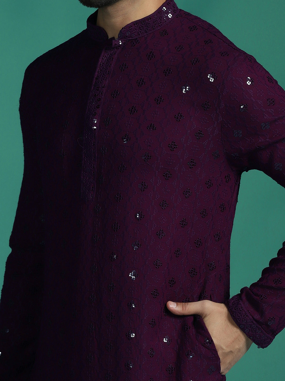 Zavaya Men Purple Embroidery Cotton Blend Kurta Pyjama Set | Grocsy