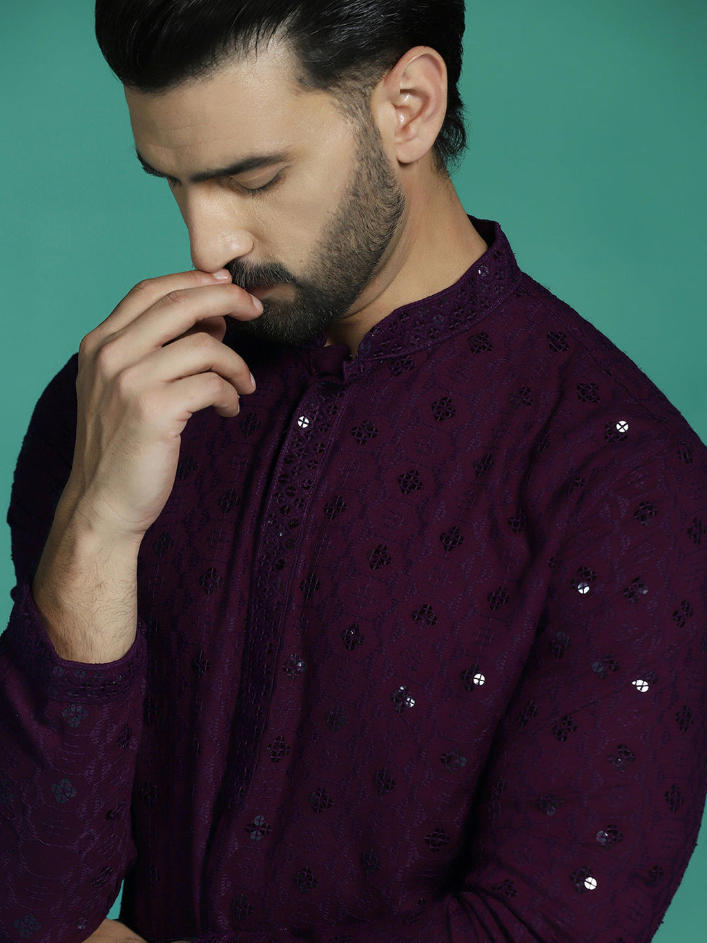 Zavaya Men Purple Embroidery Cotton Blend Kurta Pyjama Set | Grocsy