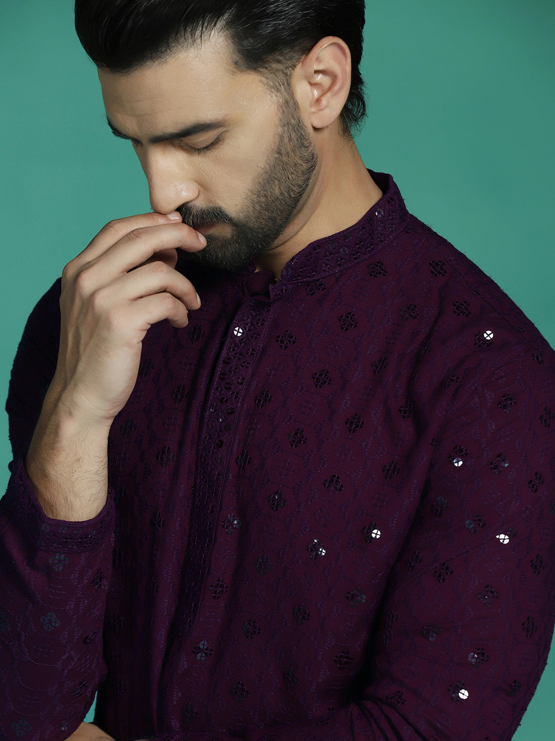 Zavaya Men Purple Embroidery Cotton Blend Kurta Pyjama Set | Grocsy