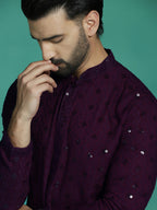 Zavaya Men Purple Embroidery Cotton Blend Kurta | Grocsy