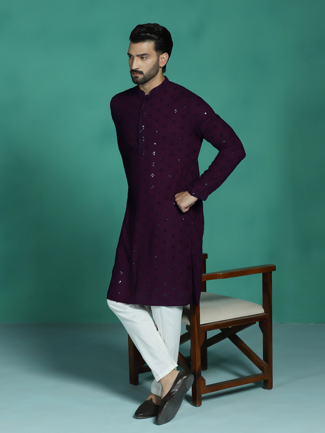 Zavaya Men Purple Embroidery Cotton Blend Kurta Pyjama Set | Grocsy