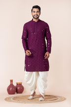 Zavaya Men Purple Embroidery Cotton Blend Kurta Dhoti Set | Grocsy