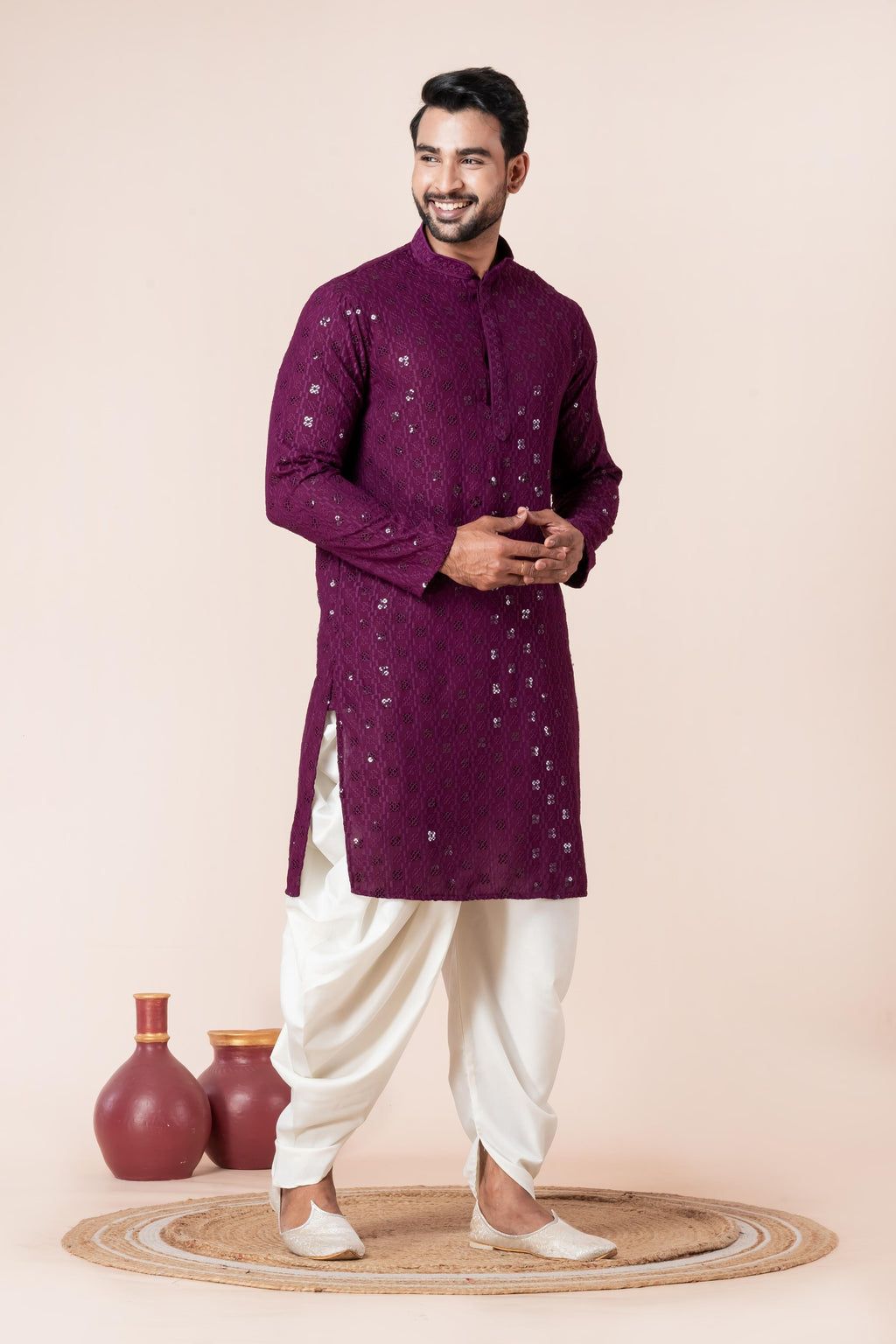 Zavaya Men Purple Embroidery Cotton Blend Kurta Dhoti Set | Grocsy