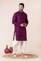Zavaya Men Purple Embroidery Cotton Blend Kurta Dhoti Set | Grocsy