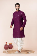 Zavaya Men Purple Embroidery Cotton Blend Kurta Dhoti Set | Grocsy