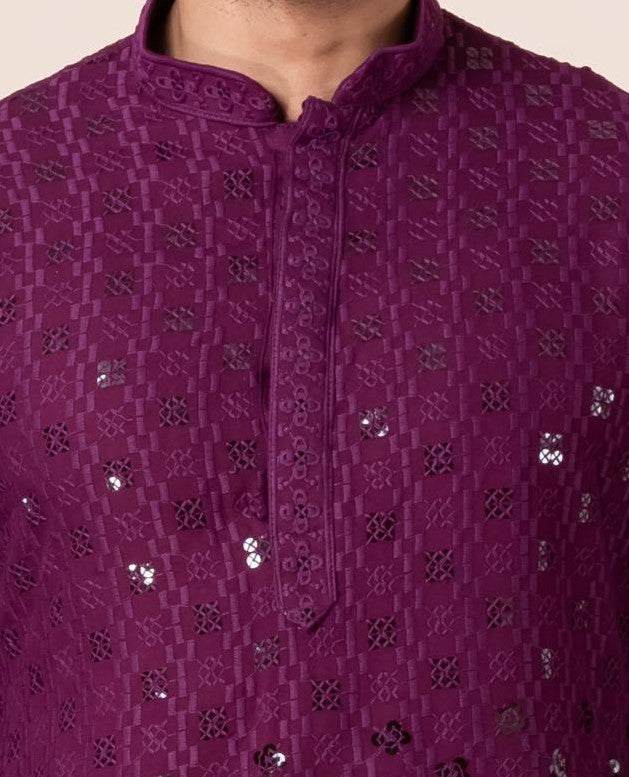 Zavaya Men Purple Embroidery Cotton Blend Kurta Dhoti Set | Grocsy