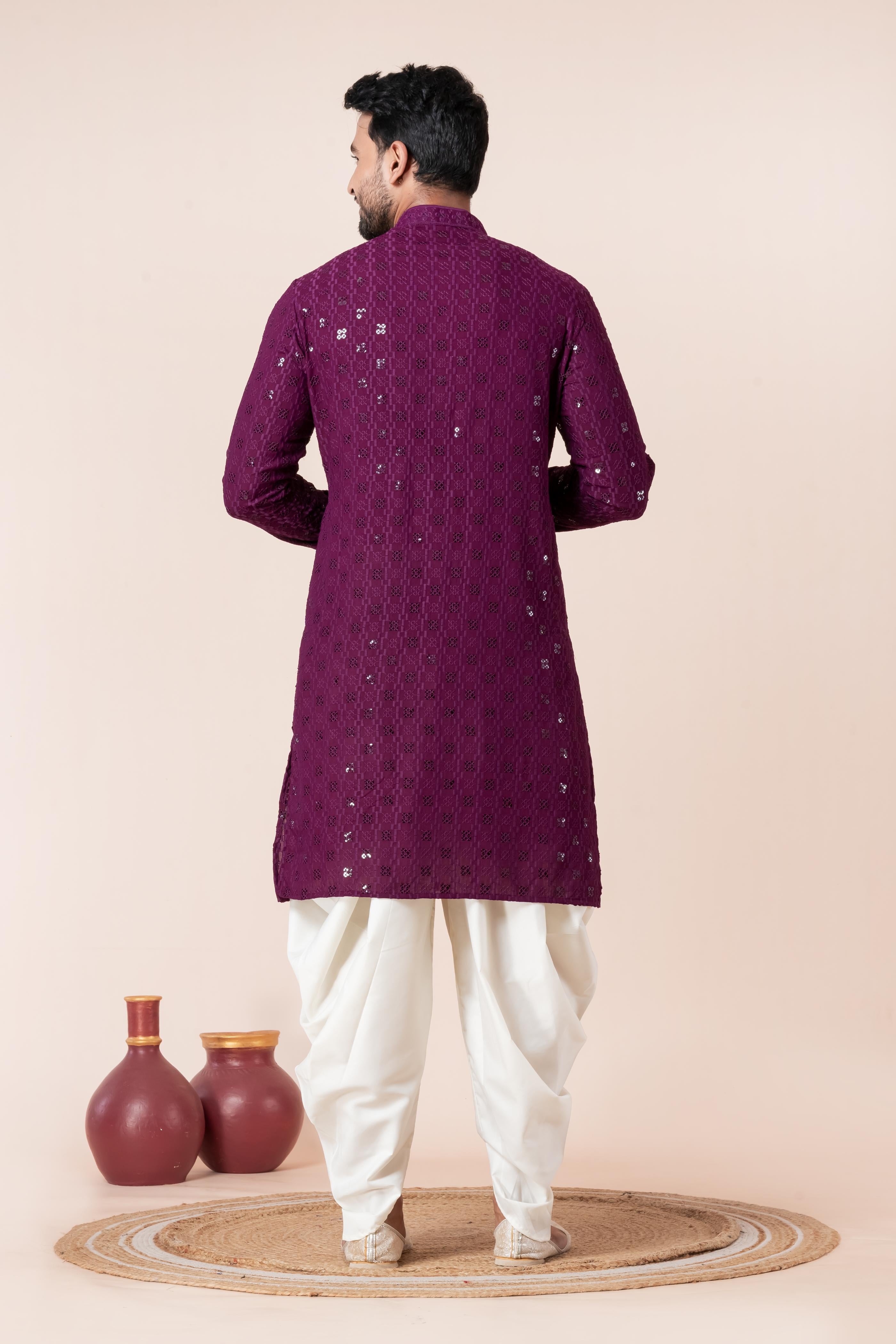 Zavaya Men Purple Embroidery Cotton Blend Kurta Dhoti Set | Grocsy