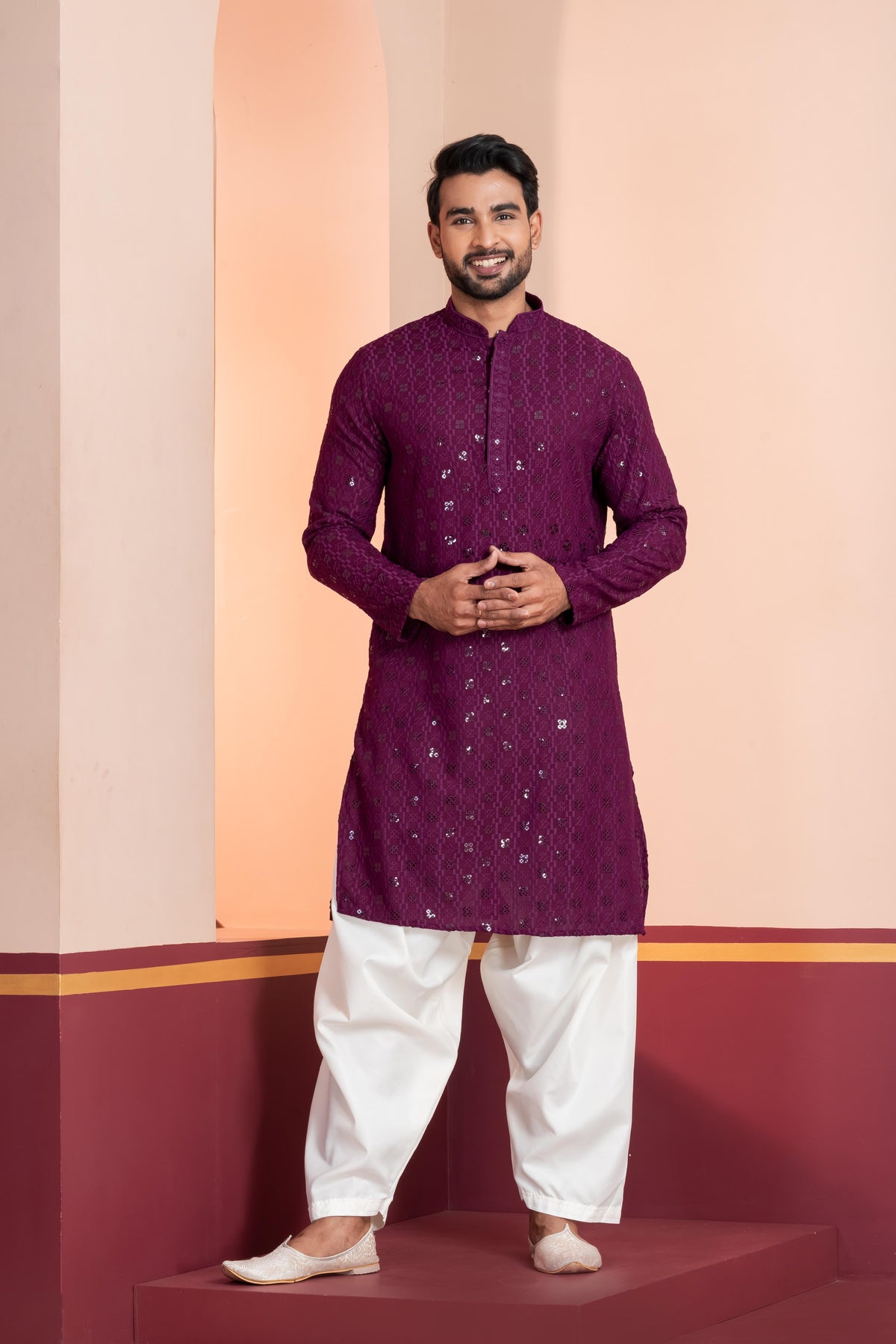 Zavaya Men Purple Embroidery Cotton Blend Kurta Patiala Set | Grocsy