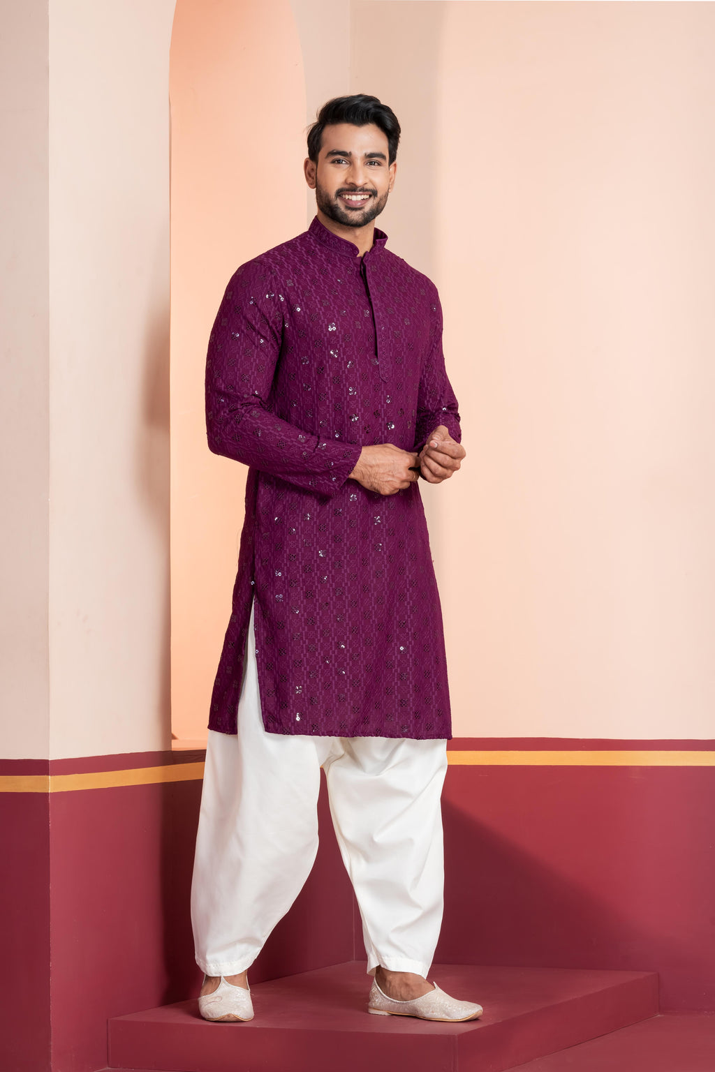 Zavaya Men Purple Embroidery Cotton Blend Kurta Patiala Set | Grocsy