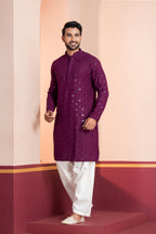 Zavaya Men Purple Embroidery Cotton Blend Kurta Patiala Set | Grocsy
