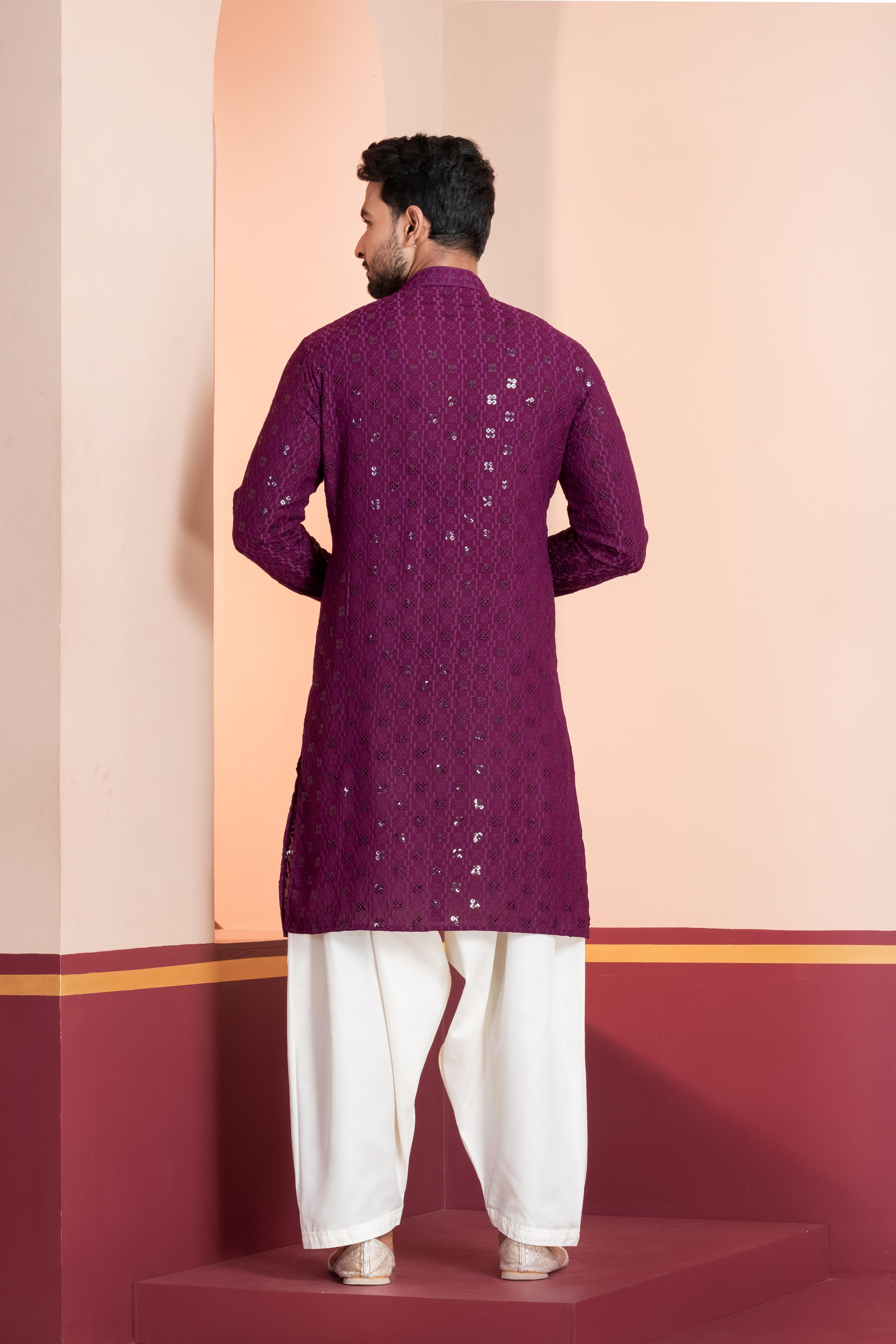 Zavaya Men Purple Embroidery Cotton Blend Kurta Patiala Set | Grocsy