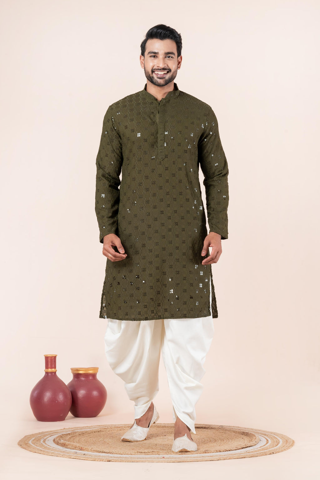 Zavaya Men Olive Embroidery Cotton Blend Kurta Dhoti Set | Grocsy