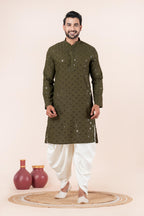 Zavaya Men Olive Embroidery Cotton Blend Kurta Dhoti Set | Grocsy