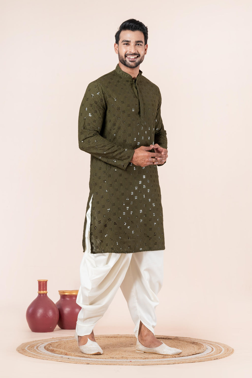 Zavaya Men Olive Embroidery Cotton Blend Kurta Dhoti Set | Grocsy