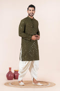Zavaya Men Olive Embroidery Cotton Blend Kurta Dhoti Set | Grocsy