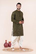Zavaya Men Olive Embroidery Cotton Blend Kurta Dhoti Set | Grocsy