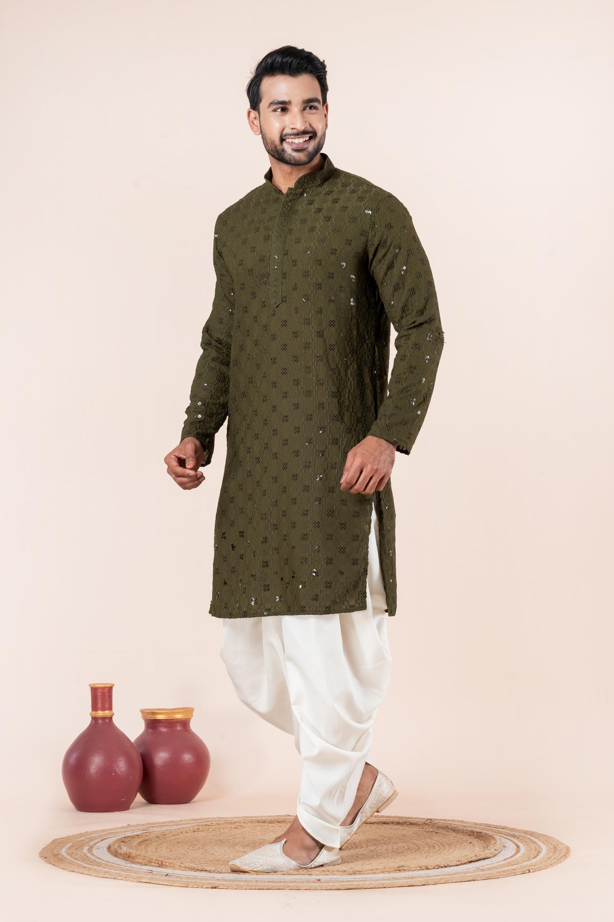 Zavaya Men Olive Embroidery Cotton Blend Kurta Dhoti Set | Grocsy