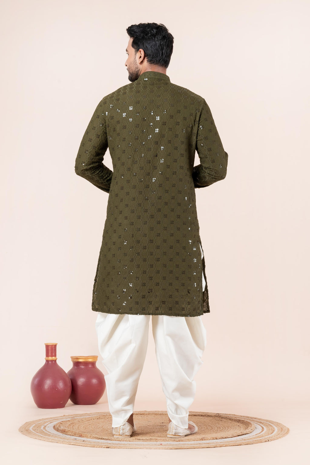 Zavaya Men Olive Embroidery Cotton Blend Kurta Dhoti Set | Grocsy
