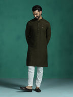 Zavaya Men Olive Embroidery Cotton Blend Kurta Pyjama Set | Grocsy