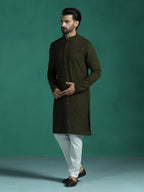 Zavaya Men Olive Embroidery Cotton Blend Kurta Pyjama Set | Grocsy