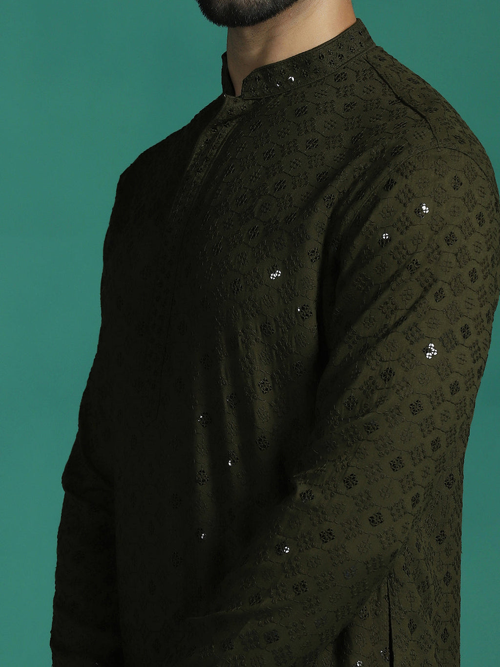 Zavaya Men Olive Embroidery Cotton Blend Kurta Pyjama Set | Grocsy