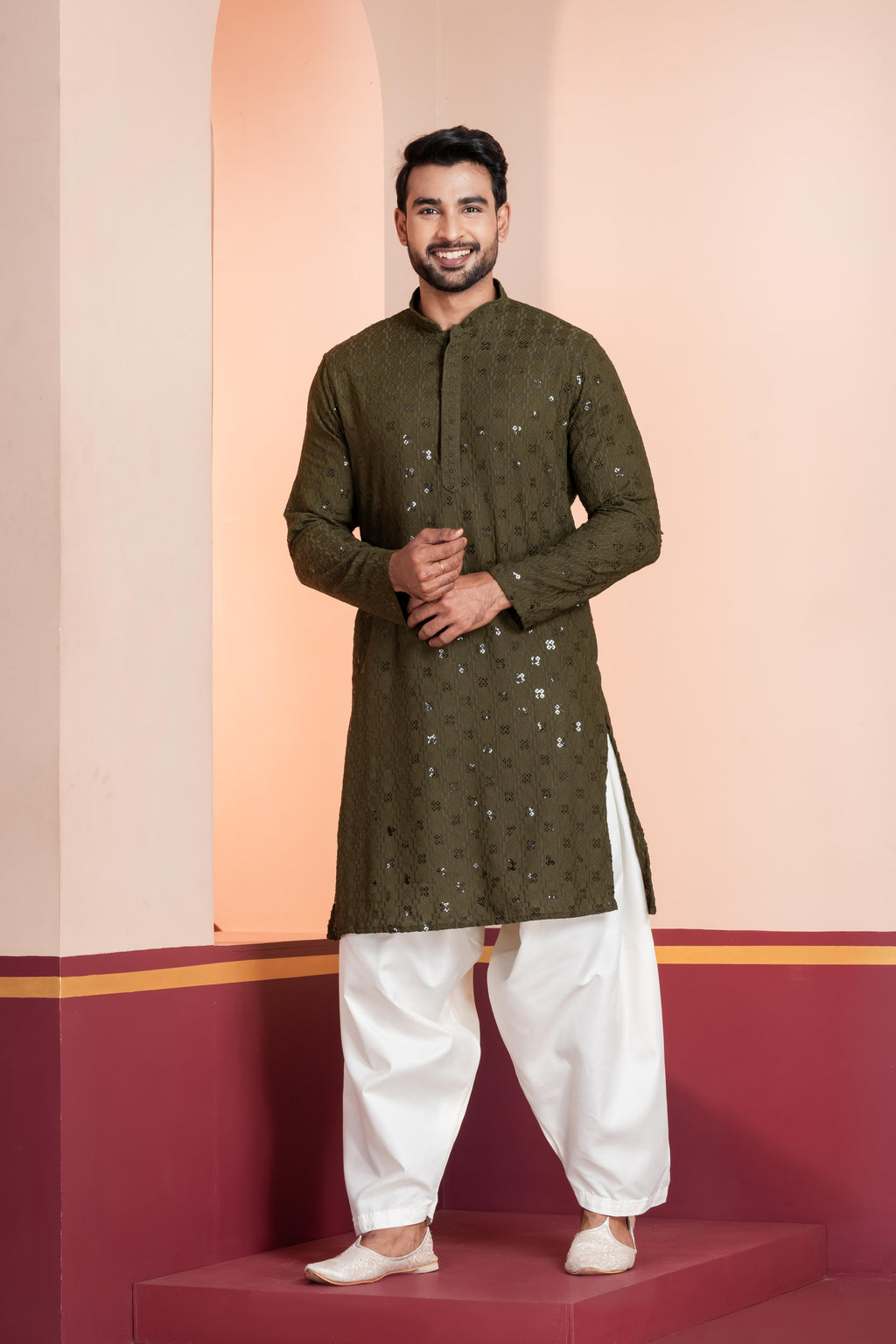 Zavaya Men Olive Embroidery Cotton Blend Kurta Patiala Set | Grocsy