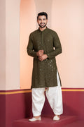 Zavaya Men Olive Embroidery Cotton Blend Kurta Patiala Set | Grocsy