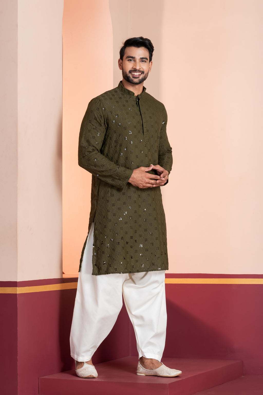 Zavaya Men Olive Embroidery Cotton Blend Kurta Patiala Set | Grocsy