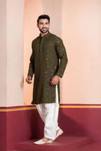 Zavaya Men Olive Embroidery Cotton Blend Kurta Patiala Set | Grocsy