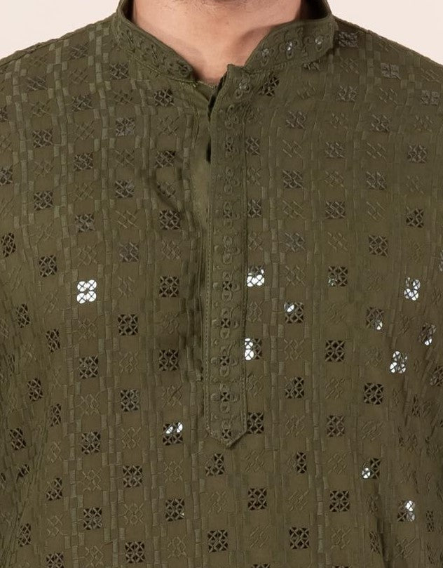 Zavaya Men Olive Embroidery Cotton Blend Kurta Patiala Set | Grocsy