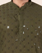 Zavaya Men Olive Embroidery Cotton Blend Kurta Patiala Set | Grocsy