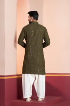 Zavaya Men Olive Embroidery Cotton Blend Kurta Patiala Set | Grocsy