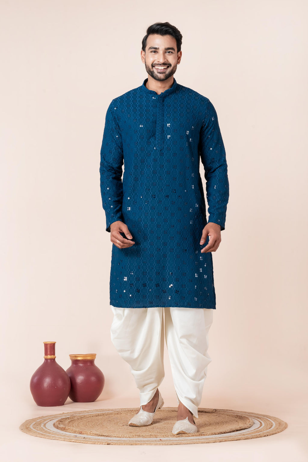 Zavaya Men Blue Embroidery Cotton Blend Kurta Dhoti Set | Grocsy