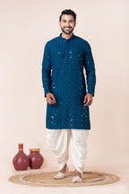 Zavaya Men Blue Embroidery Cotton Blend Kurta Dhoti Set | Grocsy